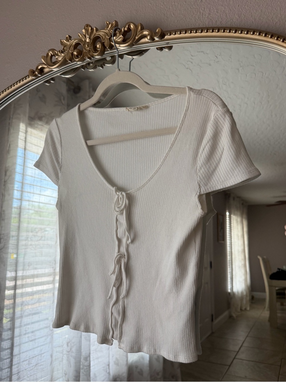 Madewell Cream Ribbed Tie-Front Short Sleeve Top